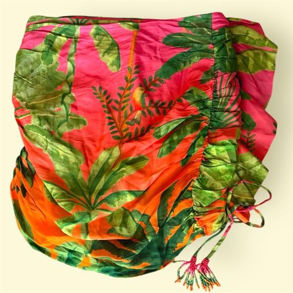 FARM Rio Tropical Plantage  Ruched Mini Skirt Pink & Green Palm Print Sz Medium - Picture 3 of 9
